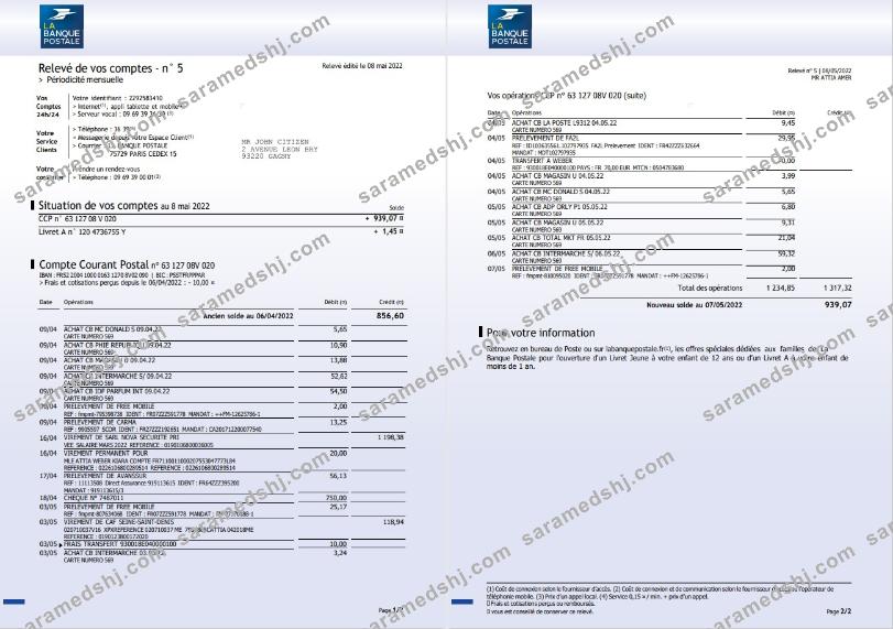 France La Banque postale bank statement 3 pages